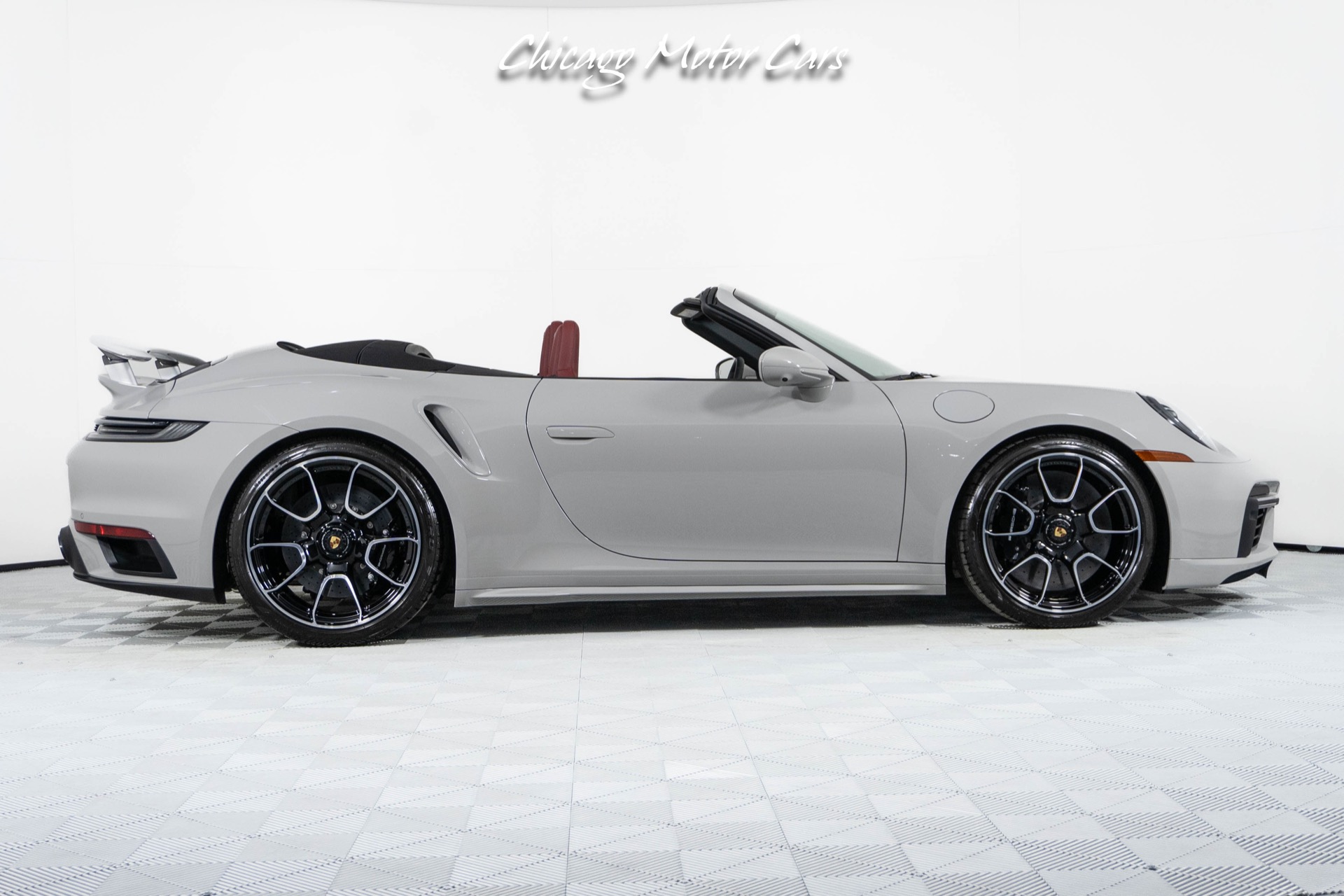 Used-2024-Porsche-911-Turbo-S-Cabriolet-Only-55-Miles-Chalk-Over-Bordeaux-Red-Sport-Exhaust-Front-End-Lifter