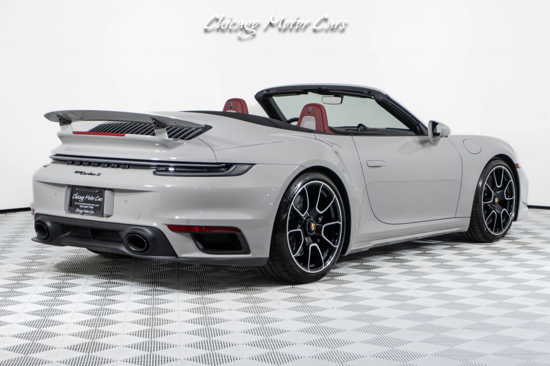 Used-2024-Porsche-911-Turbo-S-Cabriolet-Only-55-Miles-Chalk-Over-Bordeaux-Red-Sport-Exhaust-Front-End-Lifter