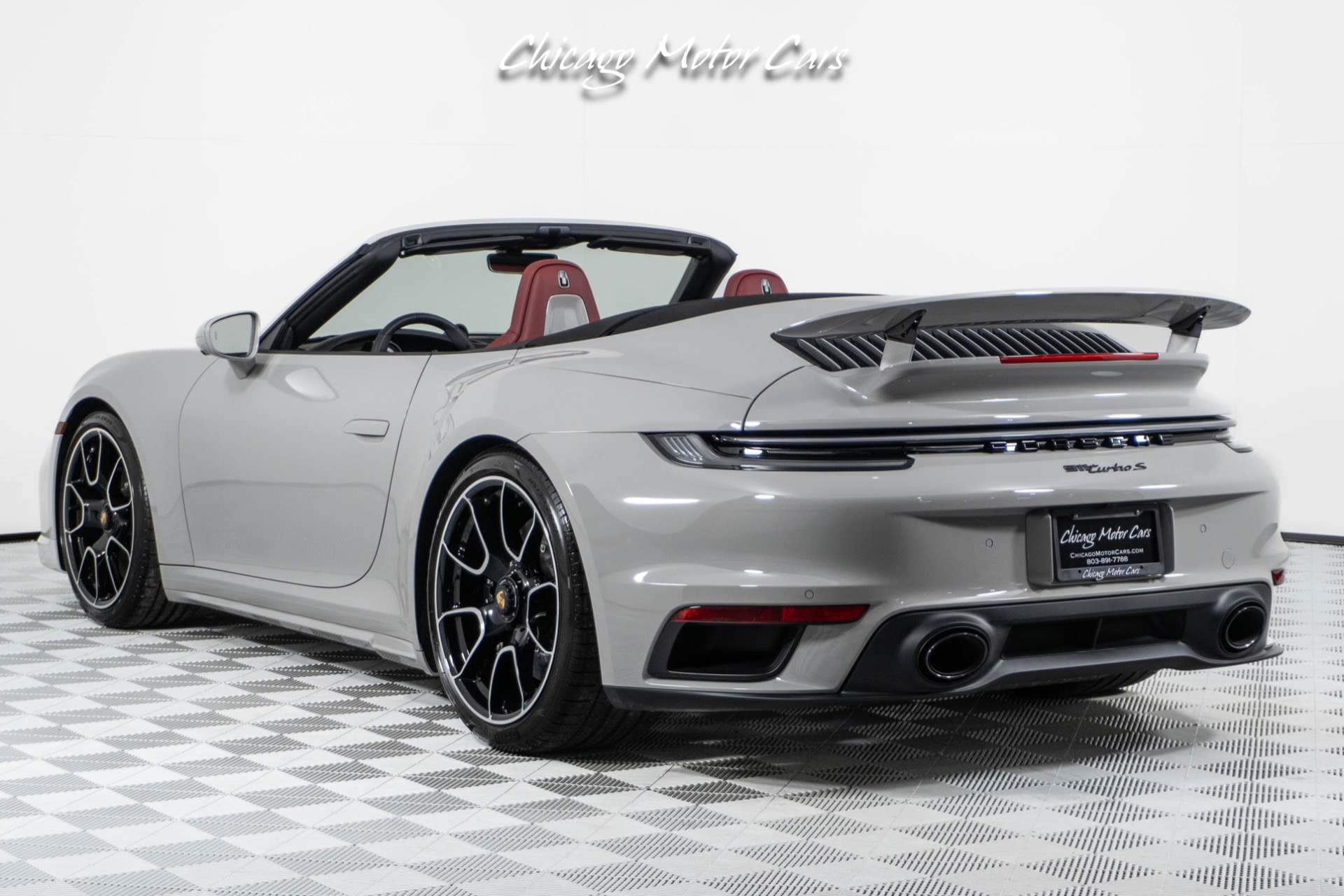 Used-2024-Porsche-911-Turbo-S-Cabriolet-Only-55-Miles-Chalk-Over-Bordeaux-Red-Sport-Exhaust-Front-End-Lifter