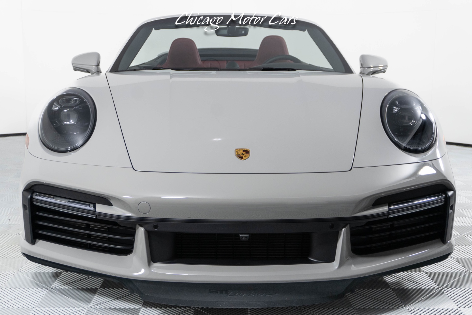 Used-2024-Porsche-911-Turbo-S-Cabriolet-Only-55-Miles-Chalk-Over-Bordeaux-Red-Sport-Exhaust-Front-End-Lifter