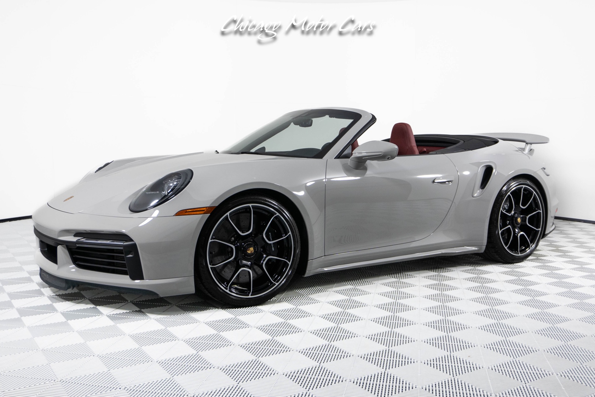 Used-2024-Porsche-911-Turbo-S-Cabriolet-Only-55-Miles-Chalk-Over-Bordeaux-Red-Sport-Exhaust-Front-End-Lifter