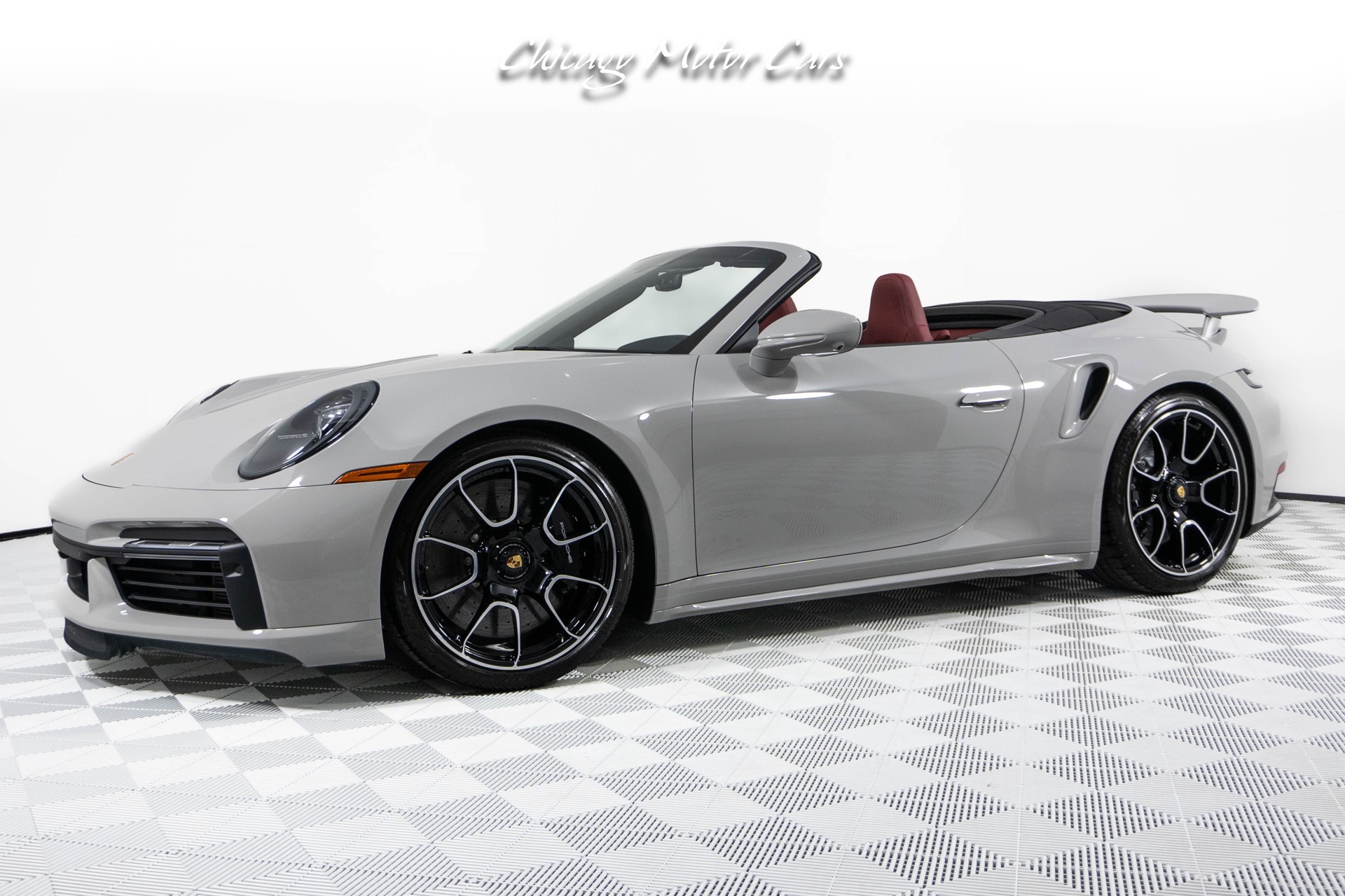 Used-2024-Porsche-911-Turbo-S-Cabriolet-Only-55-Miles-Chalk-Over-Bordeaux-Red-Sport-Exhaust-Front-End-Lifter